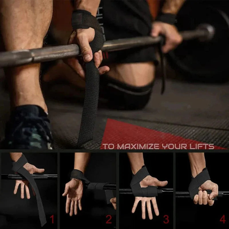 Wrist lifting straps wrapped around barbell