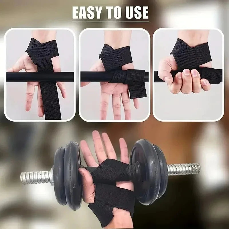Wrist lifting straps wrapped around dumbbell